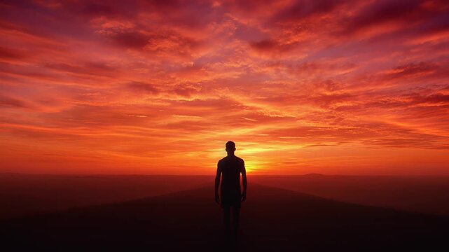 Silhouette of a man standing against a vibrant and dramatic red sunset sky with wispy clouds.