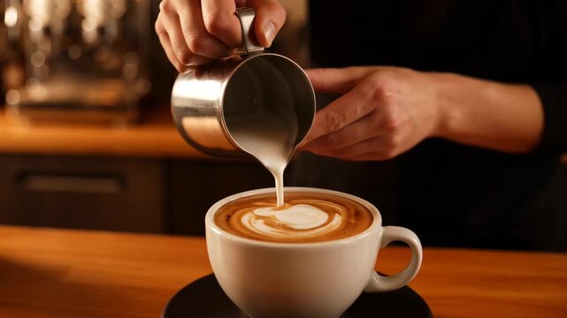 Barista pours steamed milk into a cup of coffee, creating latte art, close-up of hands and cup. Beverage preparation and coffee shop experience.