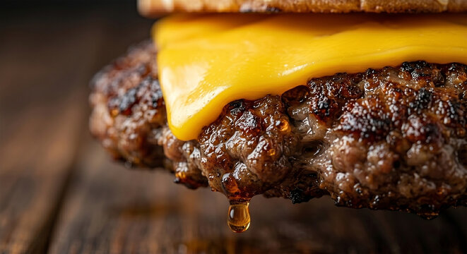 A close-up shot focusing on the "Maillard reaction" crust of a smashed beef patty. The meat has a dark, irregular, and crispy seared texture,