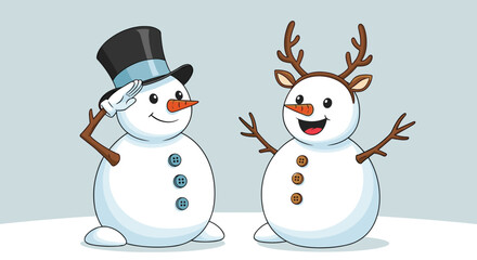 Pair of happy snowmen where one wears a top hat and salutes while the other sports cute reindeer antlers and ears. © Tasfia
