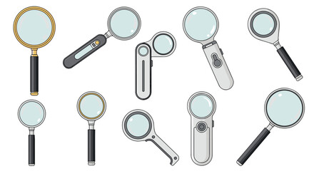 Comprehensive collection of magnifying glass icons and handheld lens designs for search and inspection concepts. © Tasfia