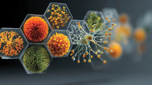 Vibrant microscopic organisms in hexagonal cells on a dark background illustrating systems biology and biotechnology concepts with colorful detailed structures