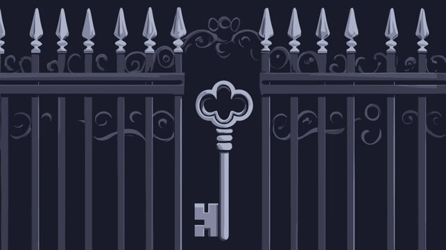 Ornate iron gate with decorative spikes, flourish, and large key