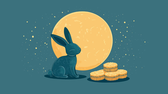 Artistic image of a rabbit sitting beside gold coins under full moon