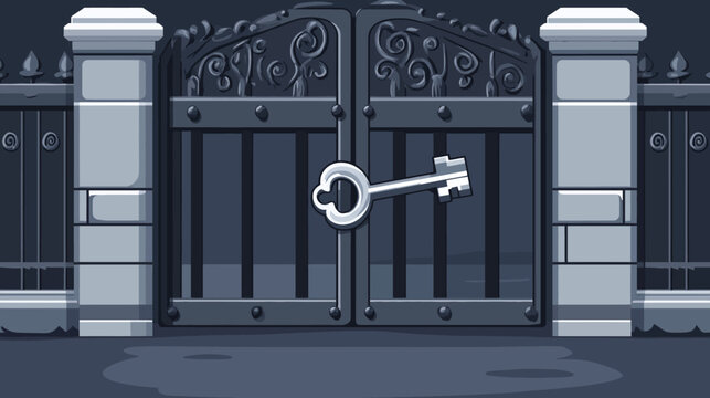 Dark ornate iron gate with decorative scrollwork and a large key
