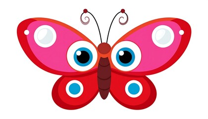 Obraz premium A vibrant cartoon butterfly with large eyes and colorful wings, isolated on a white background
