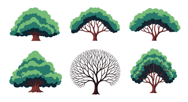 Collection of various green tree silhouettes with different canopy shapes and one bare branch tree on a white background.