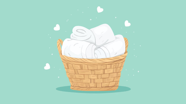 Basket filled with white folded cloth, soft backdrop with hearts