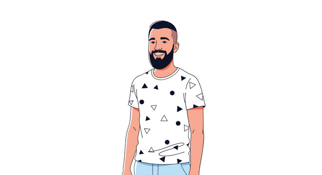 Portrait of a handsome bearded man wearing a white t-shirt with a modern black and white geometric pattern.