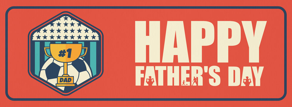 Father&rsquo;s Day sports badge design with soccer ball, trophy, stars, and bold typography on retro red background. Festive banner style for greeting cards, posters, and celebration templates.