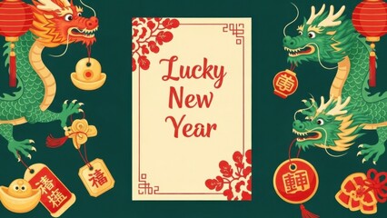 Fototapeta premium Chinese dragons celebrating Lunar New Year with red envelopes and decorations