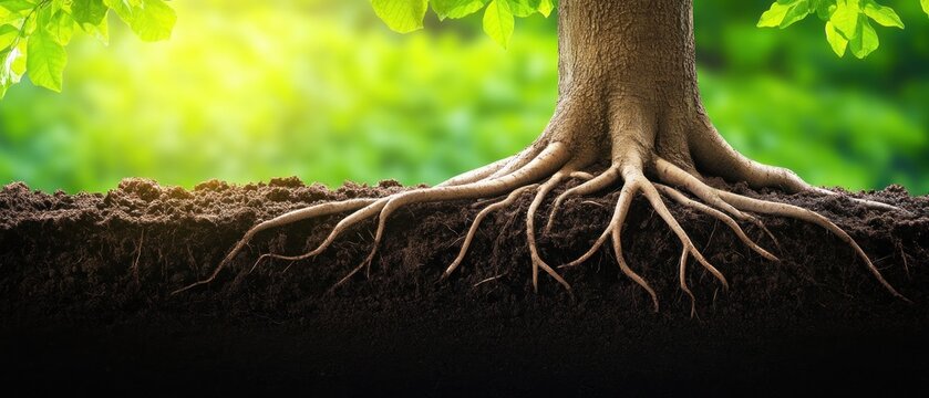 Tree roots in soil sunlight and green foliage background nature photography