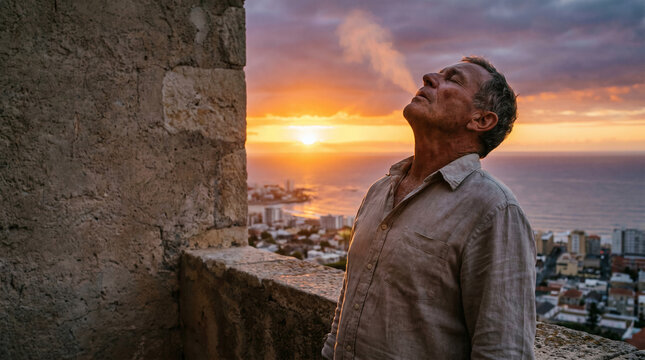 Celebrating Father's Day with quiet reflection an older man finds peace exhaling at sunset, overlooking a vibrant coastal cityscape