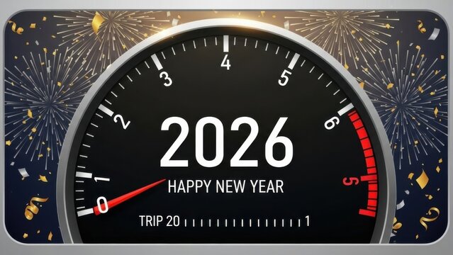 Countdown clock celebrating new year 2026 with fireworks display