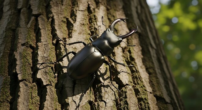 Stag Beetle on Tree Trunk Closeup.