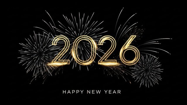 Golden 2026 fireworks celebration with new year greeting on dark background