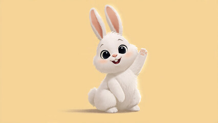 Fototapeta premium Cute white bunny cartoon waving with big eyes on soft pastel background, adorable animal illustration for kids design