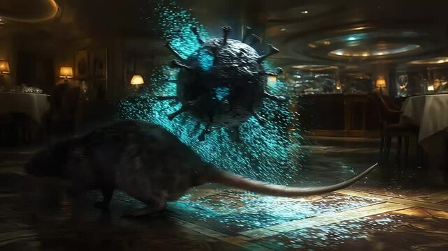 A capybara splashes through a luxurious indoor setting resembling a spa or hotel, with water droplets flying, dim warm lighting, and elegant d?cor.Hantavirus. Rodent virus.