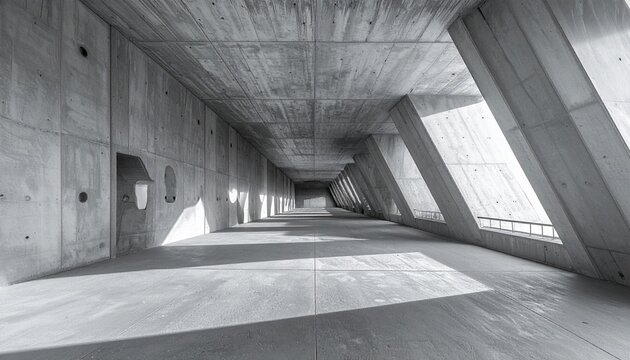 Modern concrete structure with dramatic light and shadow play, showcasing minimalist architecture and geometric design elements