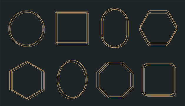 Elegant gold geometric frames set with thin luxury lines and subtle glitter accents. Collection includes circle, square, oval, hexagon and octagon shapes in modern minimal style. Clean decorative bord