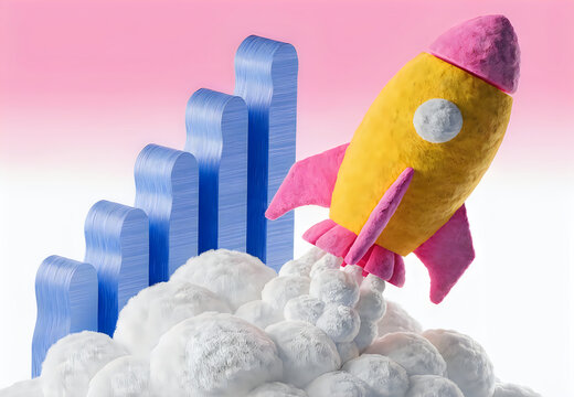 A colorful toy rocket ship launching upward beside a growing blue bar chart representing business growth and success