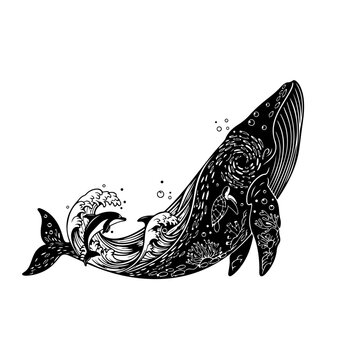 Whale with dolphins and ocean waves