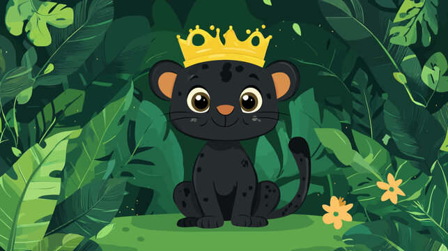 Cartoon black panther with crown in jungle setting