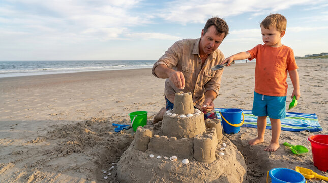 A memorable Father's Day activity Dad and son bond constructing an elaborate sandcastle on a vibrant beach, creating joyful summer memories
