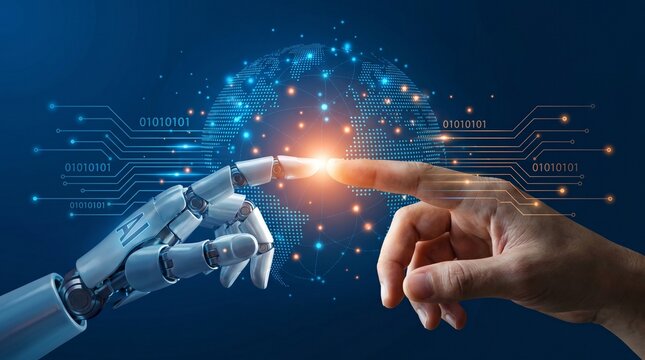 AI, Machine learning, Hands of robot and human touching on big data network connection background, Science and artificial intelligence technology, innovation and futuristic.