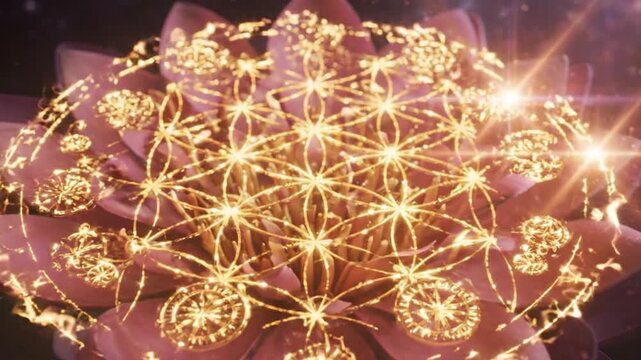 Sacred Geometry Flower of Life, Lotus Bloom, Golden Ornate Pattern, Spiritual Energy