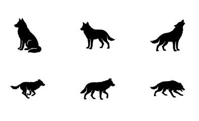 Obraz premium Collection of six black wolf silhouettes featuring various poses including standing sitting running and howling in a clean minimalist vector illustration style suitable for branding logos or modern gr