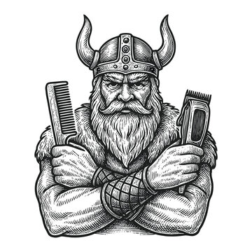 Viking barber logo engraving with comb and clipper vector illustration