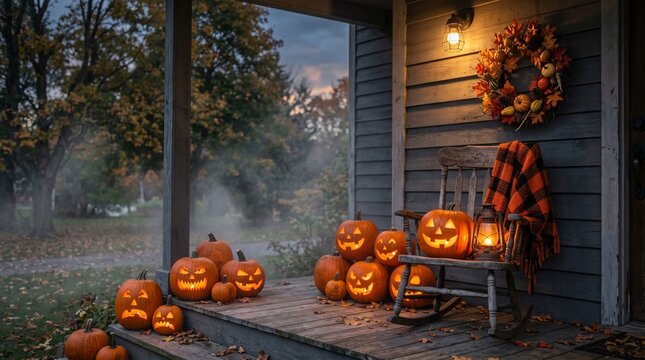 Cozy autumn porch with glowing jack o lanterns and warm lighting hello wine