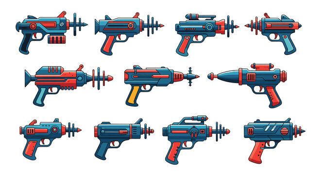 Collection of retro futuristic ray guns and alien blasters designed in a colorful science fiction comic style.