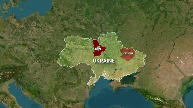 Animated map highlights key regions of Ukraine, including Kyiv and Donbas