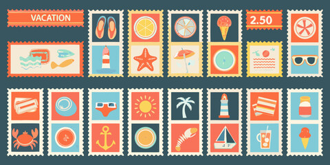 Colorful travel themed postage stamps with vacation icons and retro style design high quality professional © Pabitra
