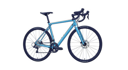 Fototapeta premium Sleek modern road bicycle with a light blue frame and black tires is shown in a side view on a white background.