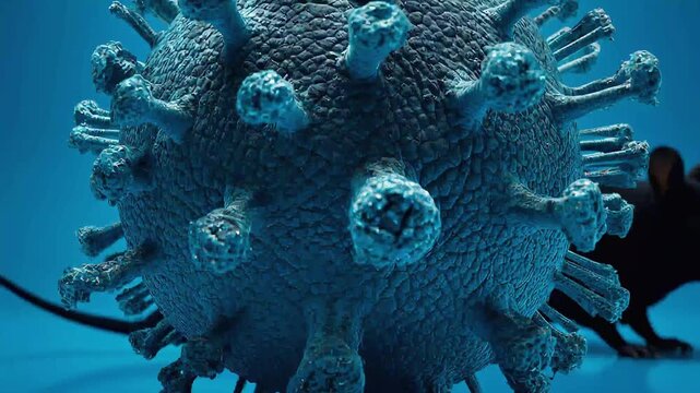 A large, realistic virus particle with spike proteins dominates the foreground, while a small black mouse with pink ears peers from beside it against a blue background.Hantavirus. Rodent virus.