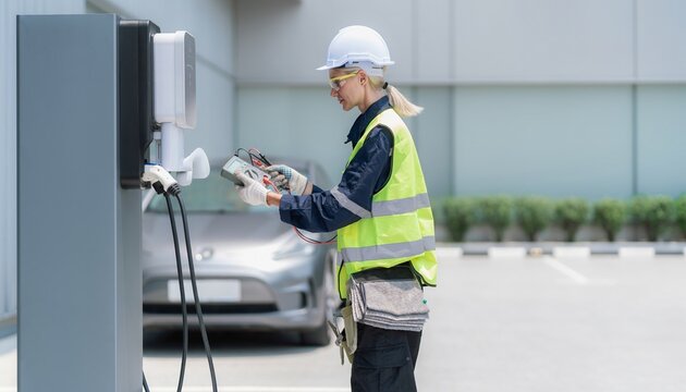 Technician Testing Electric Vehicle Charging Station