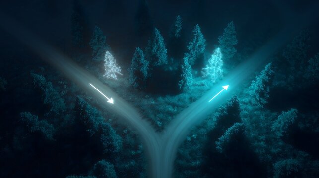 Conceptual background: Forked road in a night forest with two neon arrows pointing in opposite directions