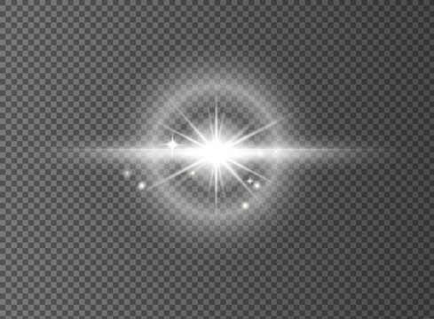 Bright white luminous light effect with glowing star rays, soft halo and sparkling particles isolated on transparent background. Abstract futuristic optical overlay for digital graphics, cinematic com