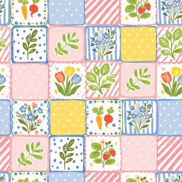Cute Spring Garden Patchwork Seamless Pattern With Flowers Strawberries Vegetables Leaves Pastel Cottagecore Design