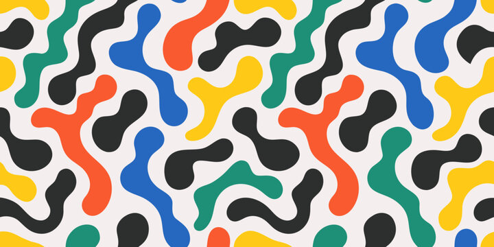 Abstract organic blob shapes pattern in bold primary and secondary colors on a white background
