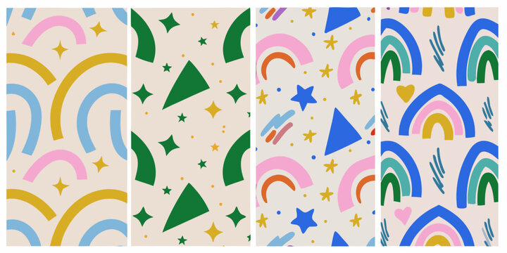 Four seamless patterns with abstract curved lines stars and triangles on a beige background