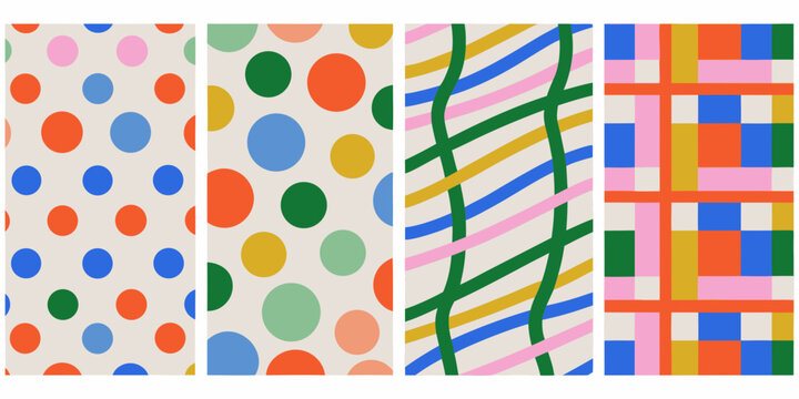 abstract geometric patterns with circles stripes and squares in a four panel composition high quality