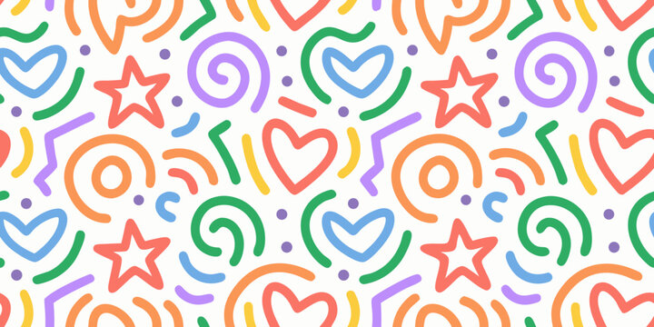 Colorful doodle pattern with hearts stars swirls and squiggles on a white background high quality