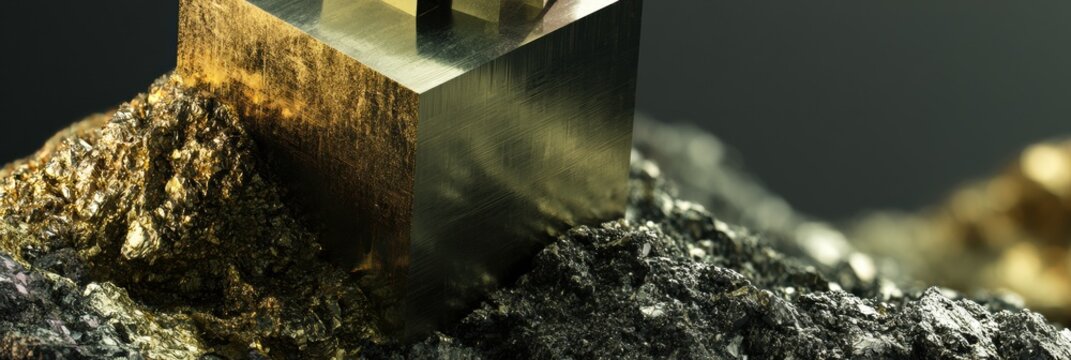 This render focuses on raw pyrite mineral featuring distinct cubic shapes and reflective surfaces under dramatic lighting in a dark setting.
