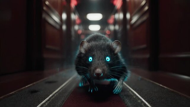 A small, furry black rat with glowing blue eyes scurries along a wet corridor, reflecting dim lighting, as rain drips from its whiskers and fur.Hantavirus. Rodent virus.