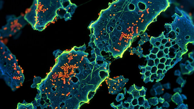 Colorized Scanning Electron Microscope View of Bacterial Clusters Attached to Porous Microplastic Materials for Research