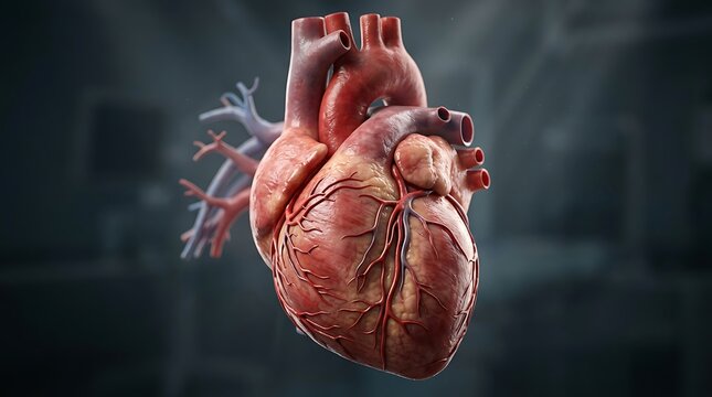 Ultra realistic 3D render of a human heart highly detailed anatomical structure realistic veins and arteries natural organic texture medical grade visualization photorealistic CGI cinematic lighting d